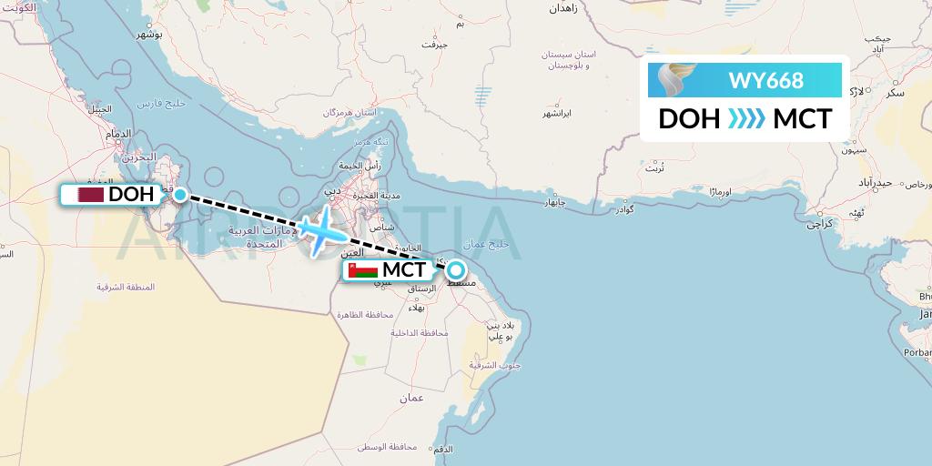 WY668 Oman Air Flight Map: Doha to Muscat