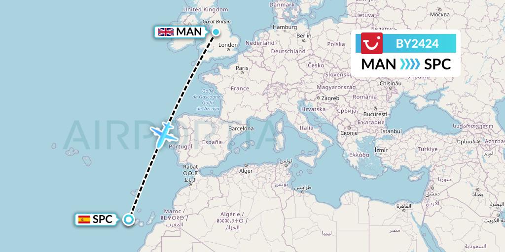 BY2424 TUI Airways Flight Map: Manchester to La Palma