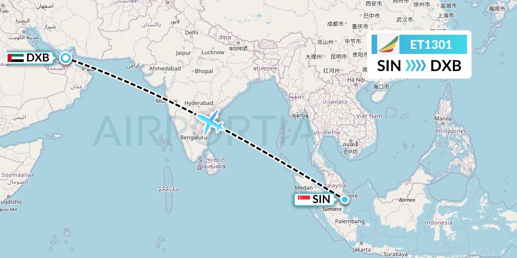 ET1301 Ethiopian Airlines Flight Map: Singapore to Dubai