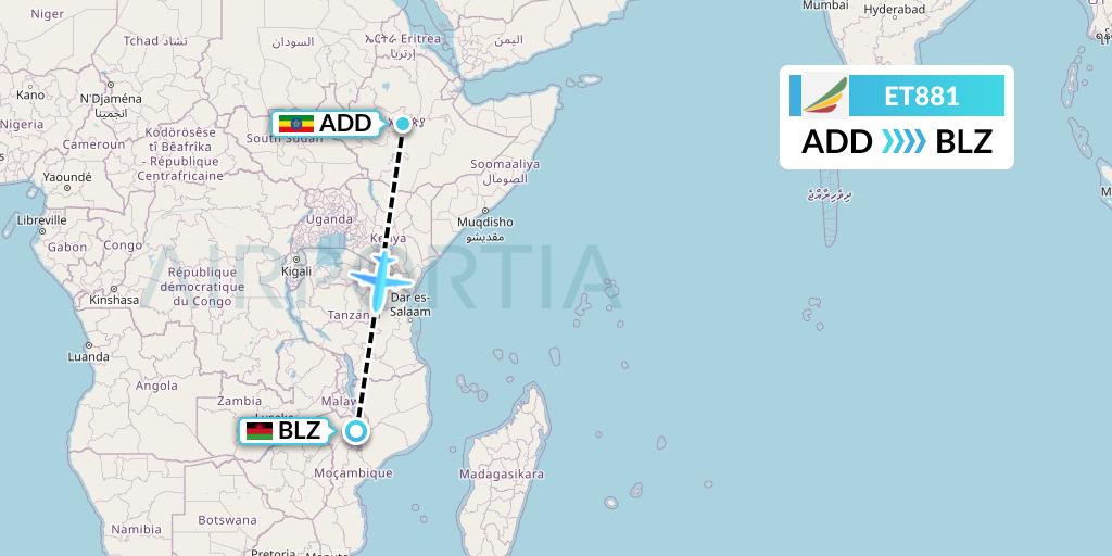 ET881 Ethiopian Airlines Flight Map: Addis Ababa to Blantyre