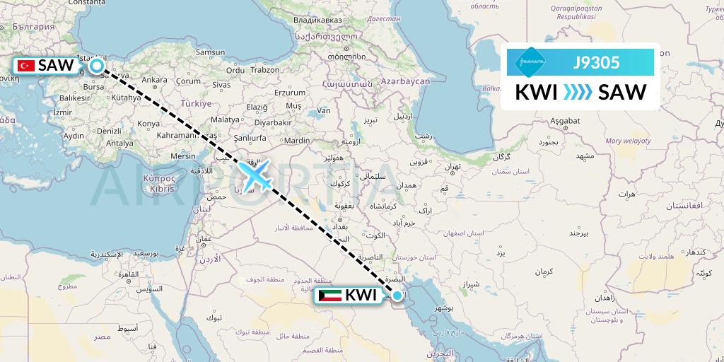 J9305 Jazeera Airways Flight Map: Kuwait City to Istanbul