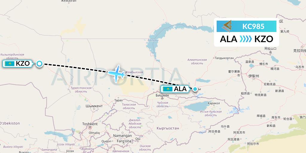KC985 Air Astana Flight Map: Almaty to Kyzylorda