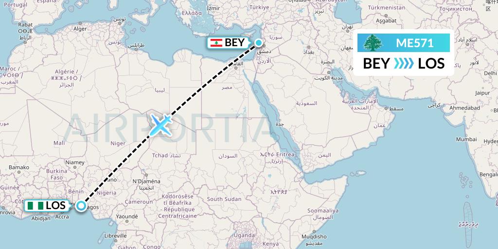 ME571 MEA Flight Map: Beirut to Lagos