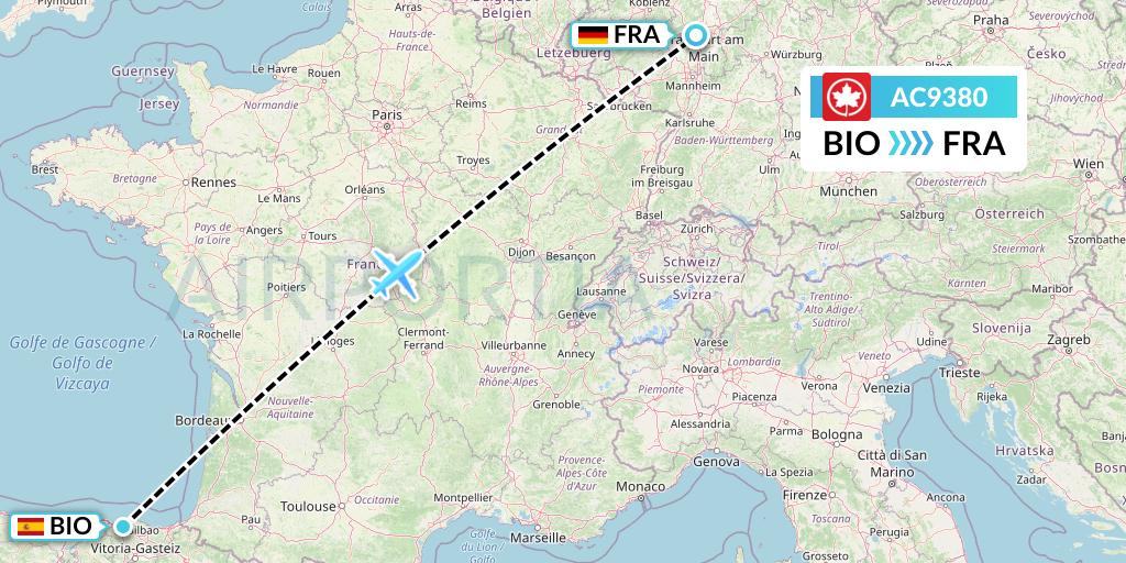 AC9380 Air Canada Flight Map: Bilbao to Frankfurt