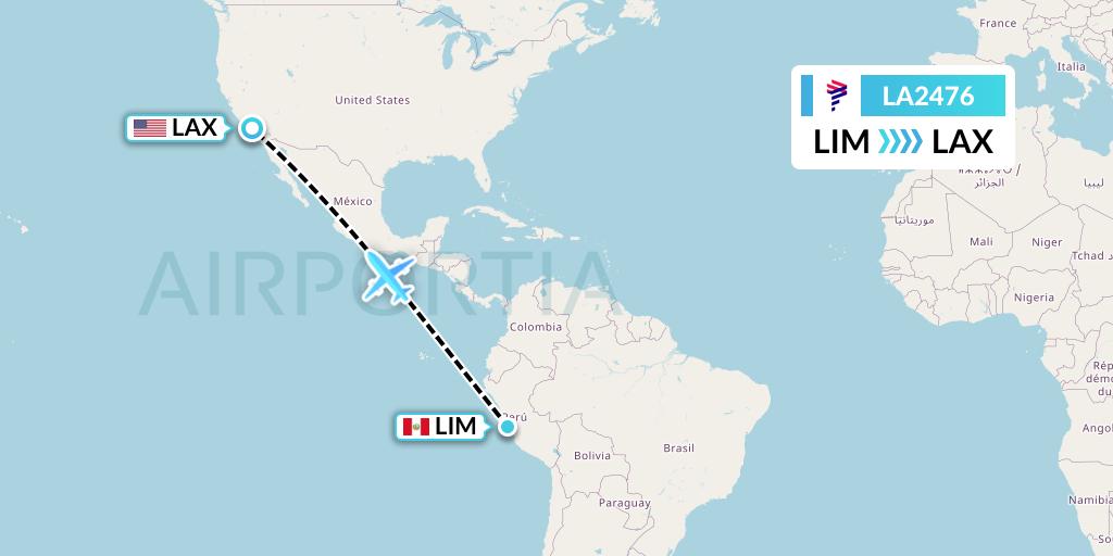 LA2476 LAN Airlines Flight Map: Lima to Los Angeles
