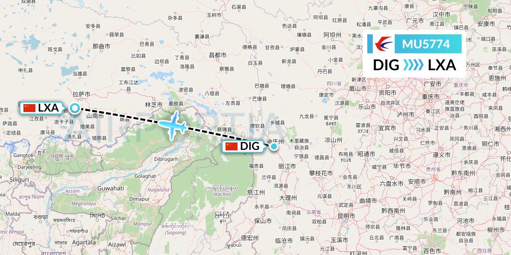MU5774 China Eastern Airlines Flight Map: Shangri-La to Lhasa