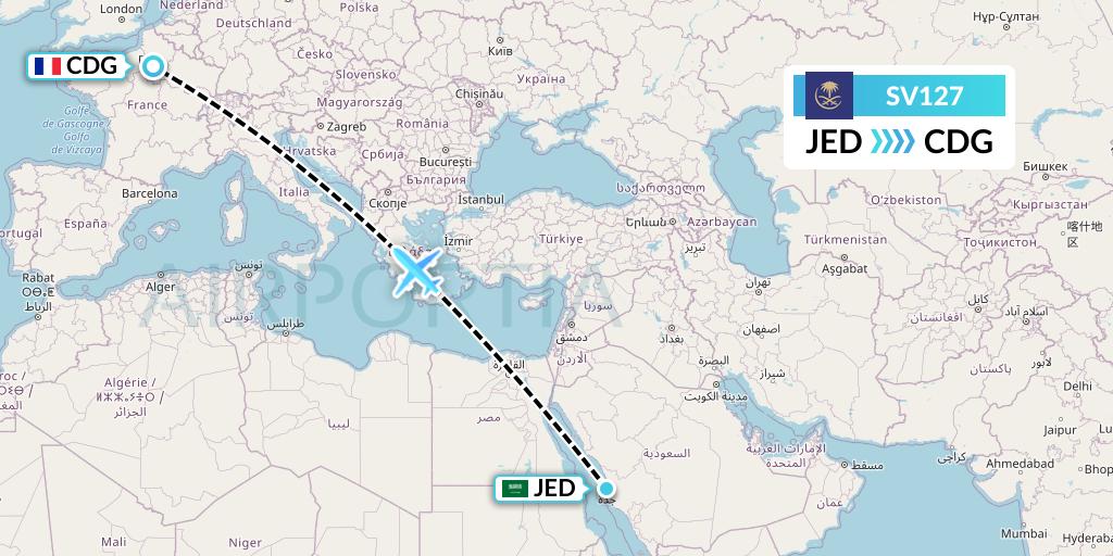 SV127 Saudi Arabian Airlines Flight Map: Jeddah to Paris