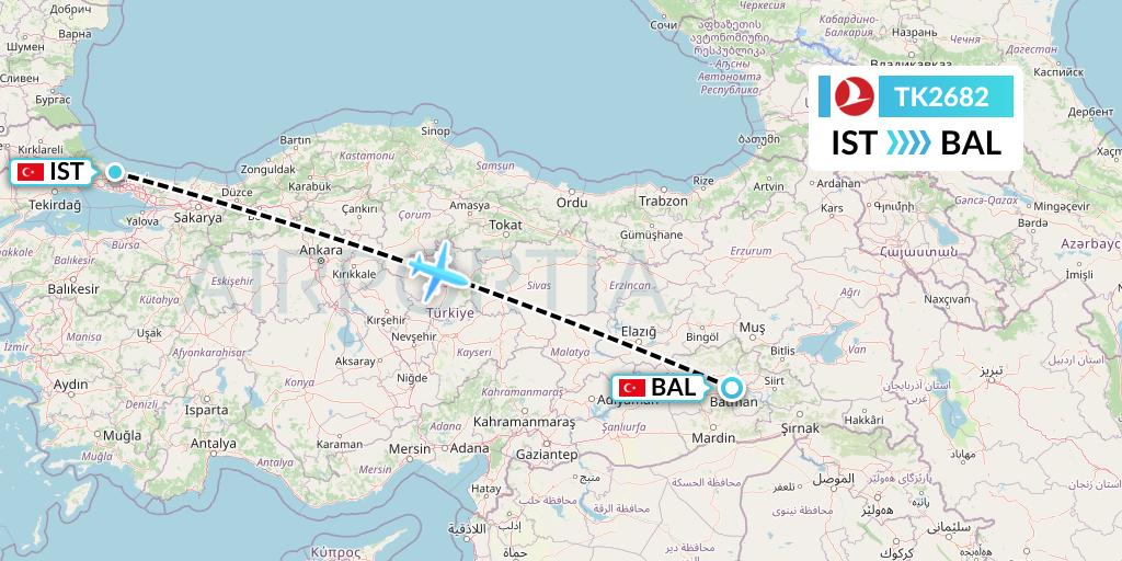 TK2682 Turkish Airlines Flight Map: Istanbul to Batman