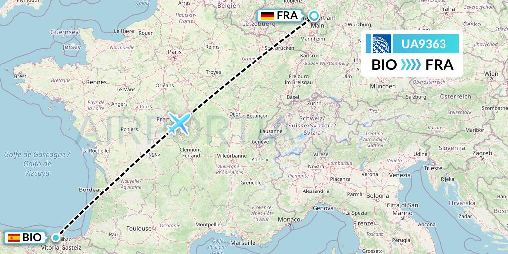 UA9363 United Airlines Flight Map: Bilbao to Frankfurt