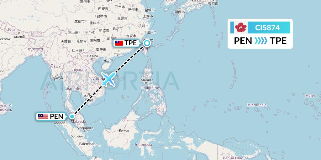 CI5874 China Airlines Flight Map: Penang to Taipei