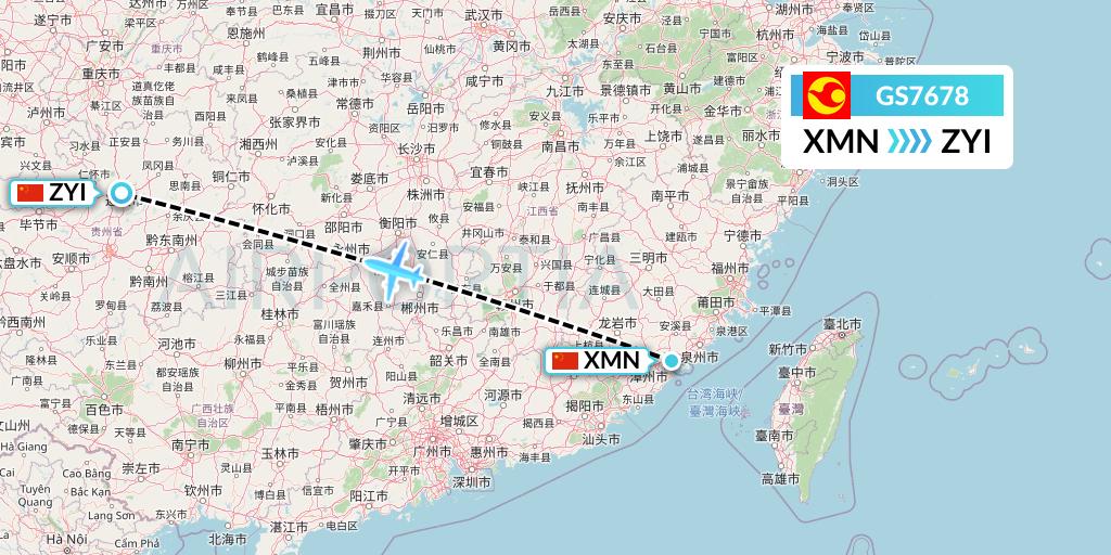 GS7678 Tianjin Airlines Flight Map: Xiamen to Zunyi