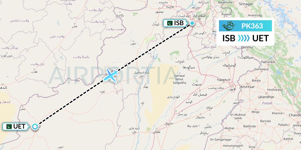 PK363 Pakistan International Airlines Flight Map: Islamabad to Quetta