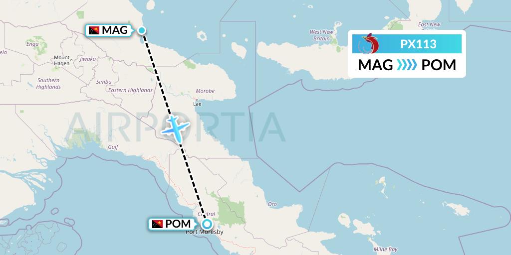 PX113 Air Niugini Flight Map: Madang to Port Moresby