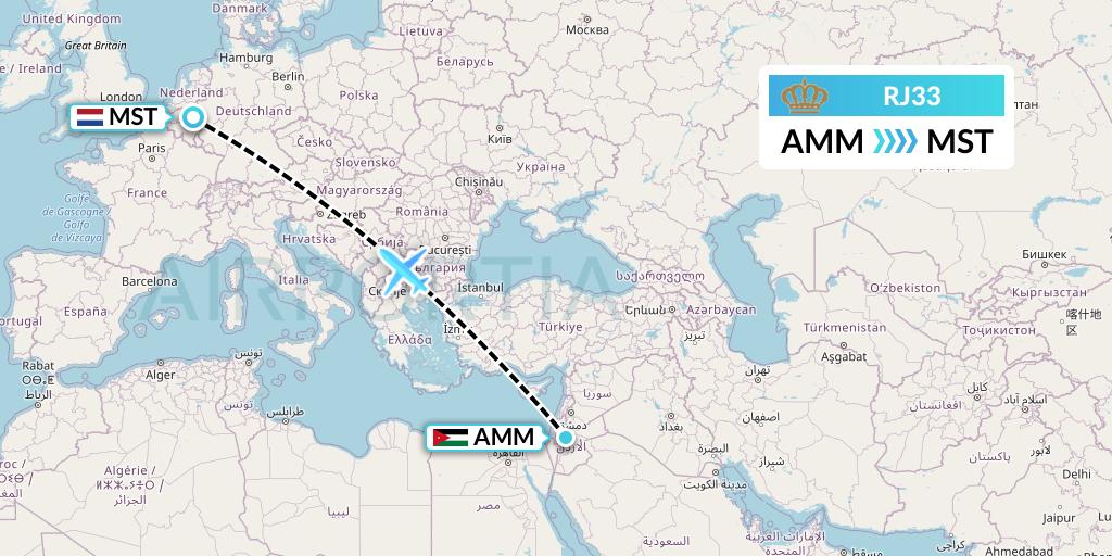 RJ33 Royal Jordanian Flight Map: Amman to Maastricht
