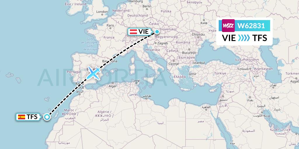 W62831 Wizz Air Flight Map: Vienna to Tenerife