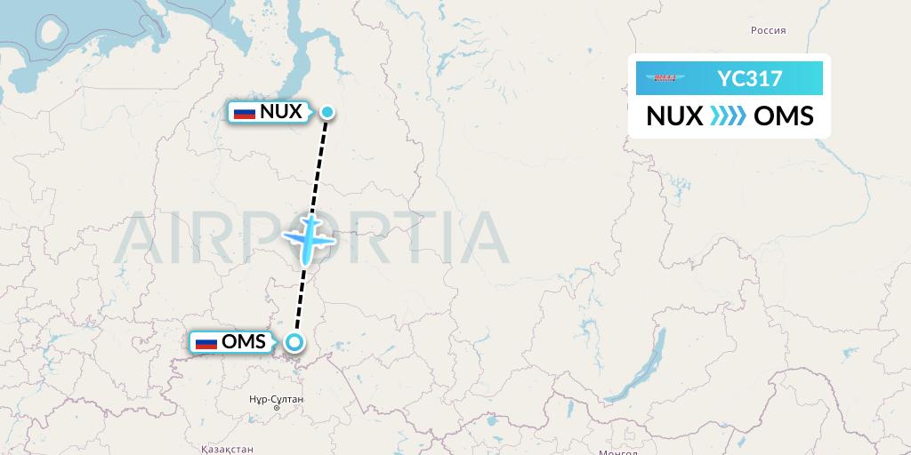 YC317 Yamal Airlines Flight Map: Novy Urengoy to Omsk