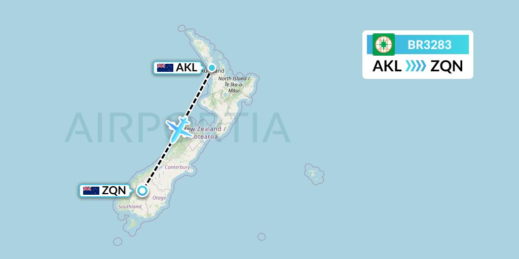 BR3283 EVA Air Flight Map: Auckland to Queenstown