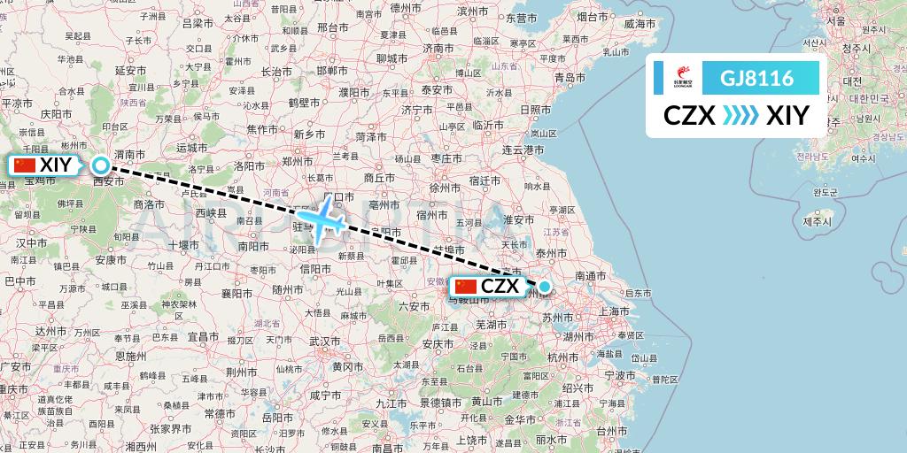 GJ8116 Loong Airlines Flight Map: Changzhou to Xi'an