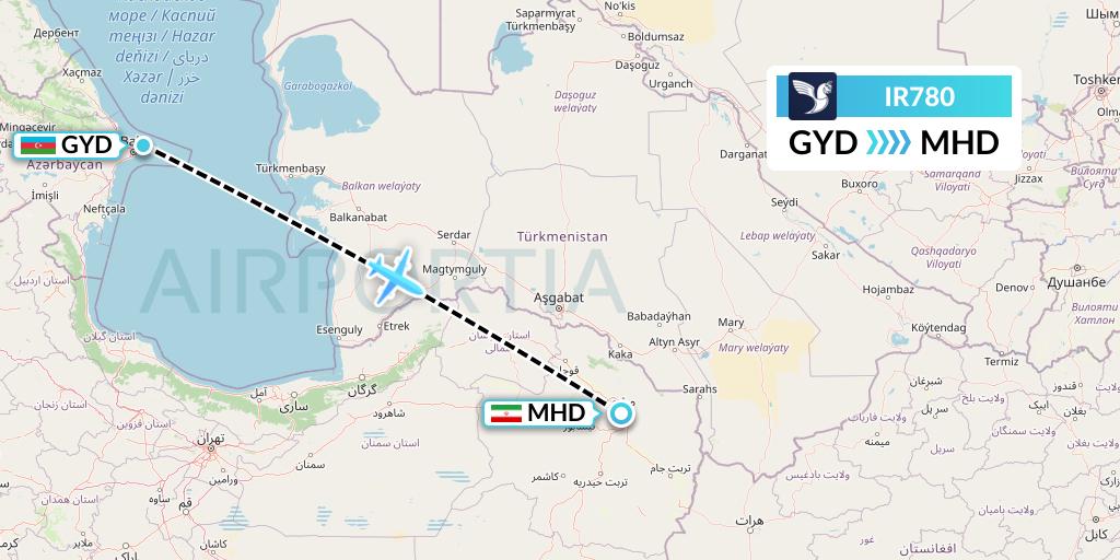 IR780 Iran Air Flight Map: Baku to Mashhad