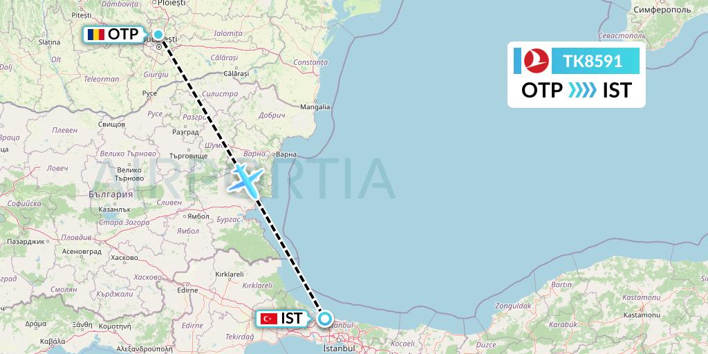 TK8591 Turkish Airlines Flight Map: Bucharest to Istanbul