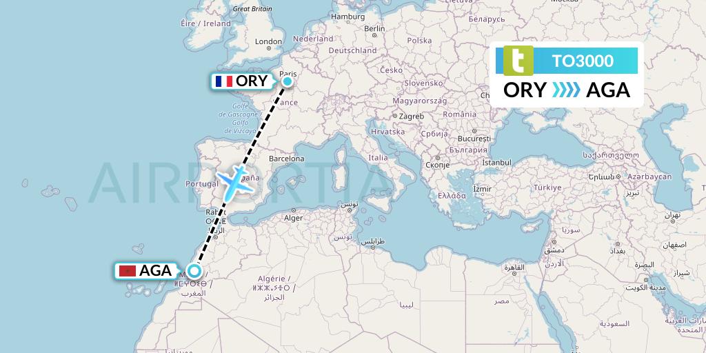 TO3000 Transavia France Flight Map: Paris to Agadir