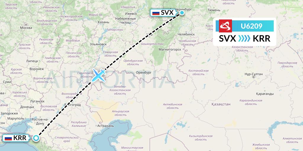 U6209 Ural Airlines Flight Map: Yekaterinburg to Krasnodar