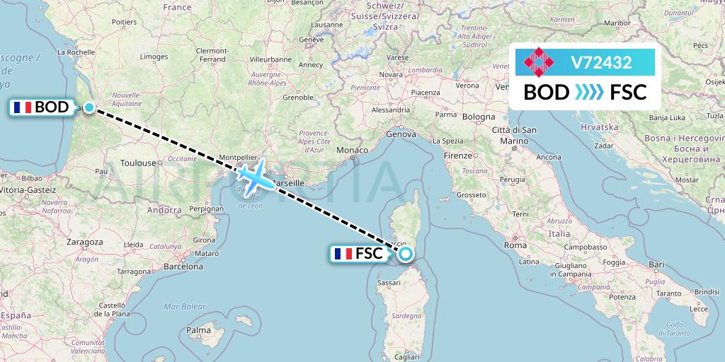 V72432 Volotea Flight Map: Bordeaux to Figari