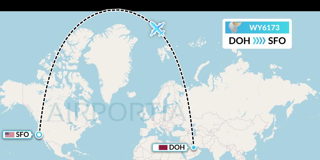 WY6173 Oman Air Flight Map: Doha to San Francisco