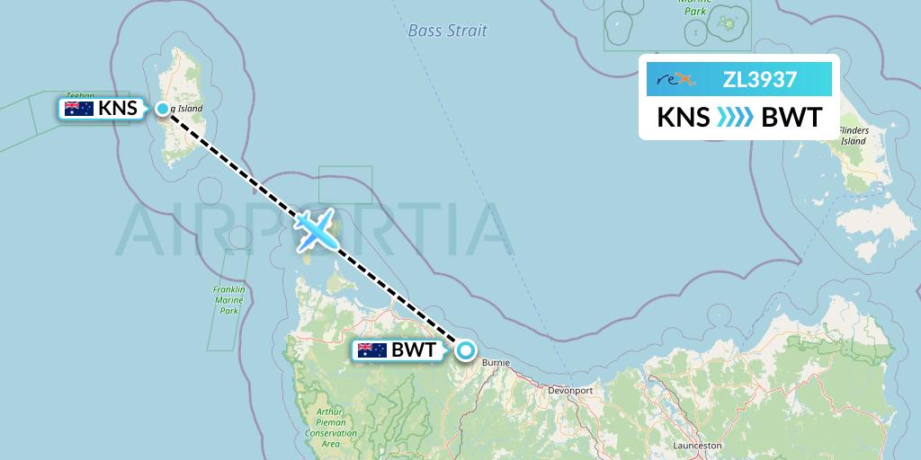 ZL3937 Regional Express Flight Map: King Island to Burnie