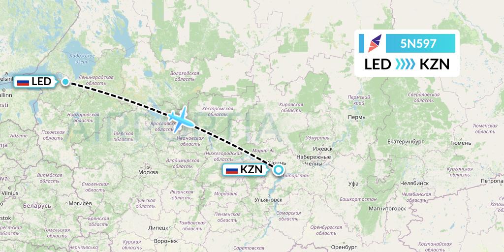 5N597 Nordavia Flight Map: St. Petersburg to Kazan