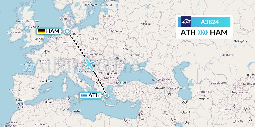A3824 Aegean Airlines Flight Map: Athens to Hamburg