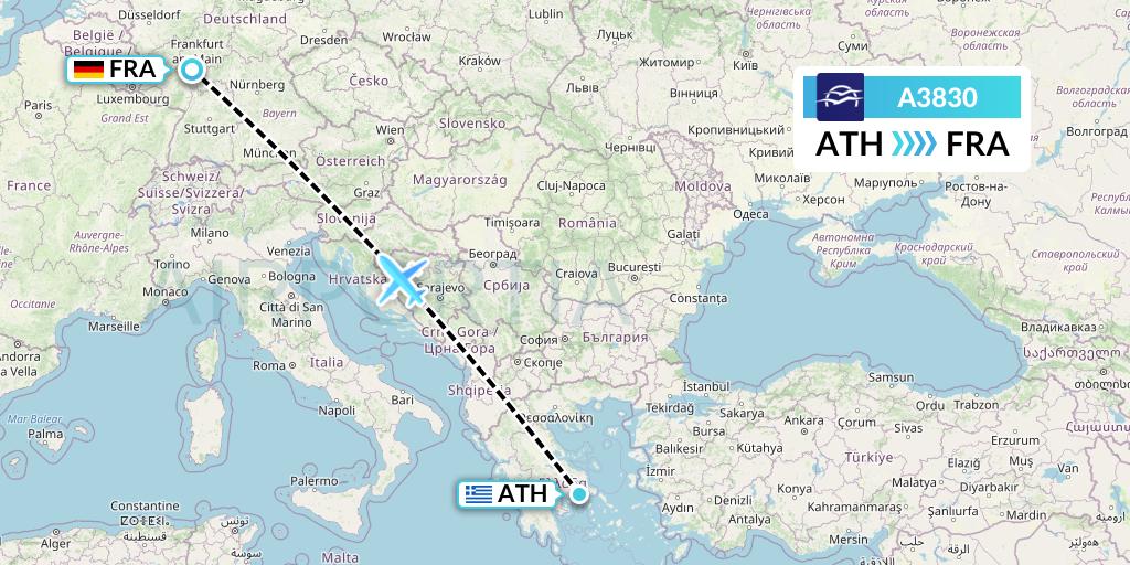 A3830 Aegean Airlines Flight Map: Athens to Frankfurt