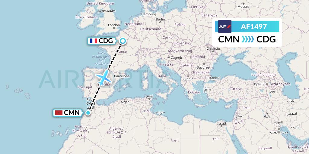 AF1497 Air France Flight Map: Casablanca to Paris