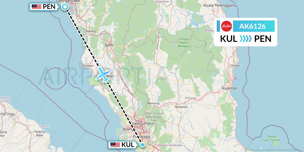 AK6126 AirAsia Flight Map: Kuala Lumpur to Penang