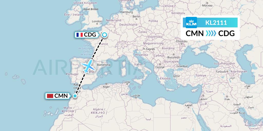 KL2111 KLM Flight Map: Casablanca to Paris