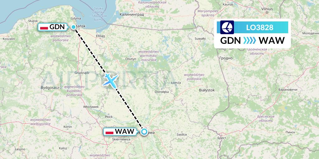 LO3828 LOT Flight Map: Gdansk to Warsaw