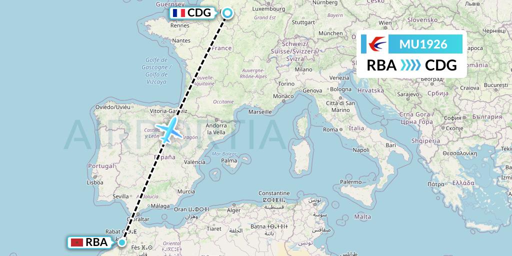 MU1926 China Eastern Airlines Flight Map: Rabat to Paris