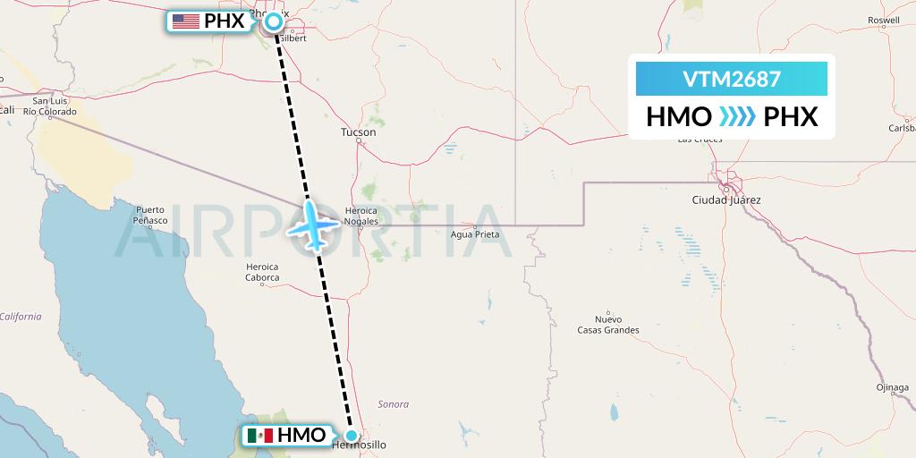 VTM2687 Aeronaves TSM Flight Map: Hermosillo to Phoenix