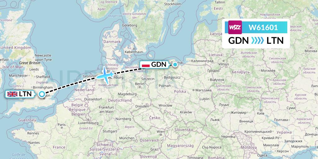 W61601 Wizz Air Flight Map: Gdansk to London