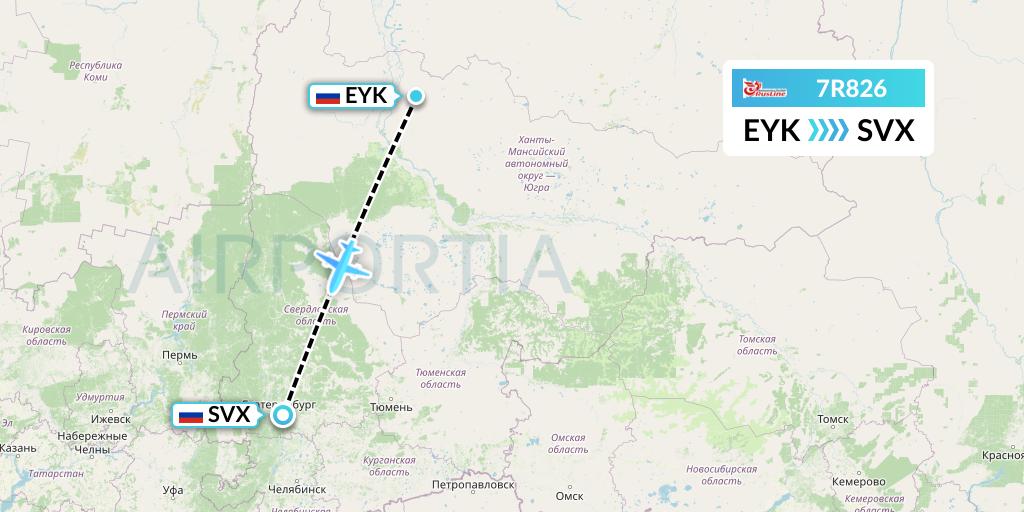 7R826 Rusline Flight Map: Beloyarsk to Yekaterinburg