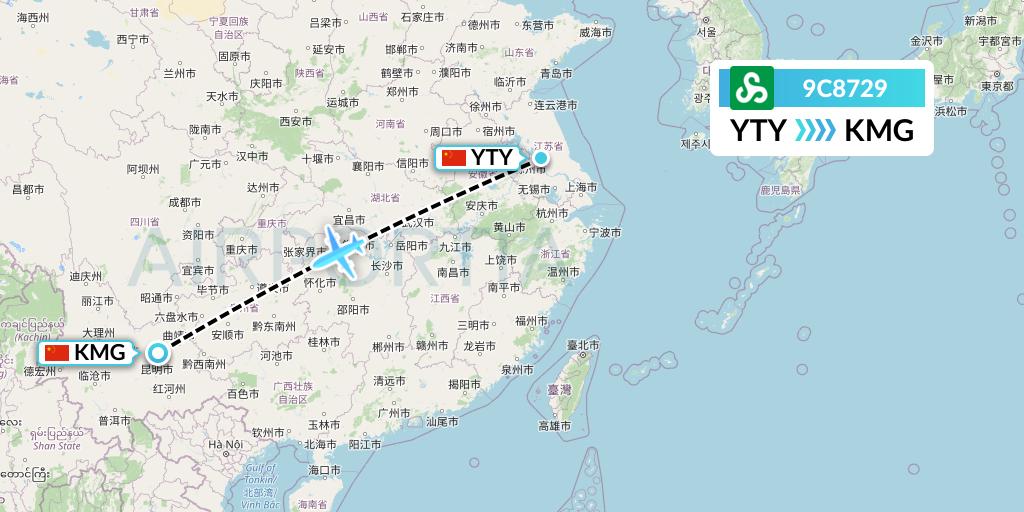 9C8729 Spring Airlines Flight Map: Yangzhou to Kunming