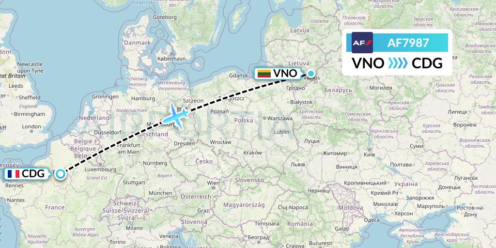 AF7987 Air France Flight Map: Vilnius to Paris