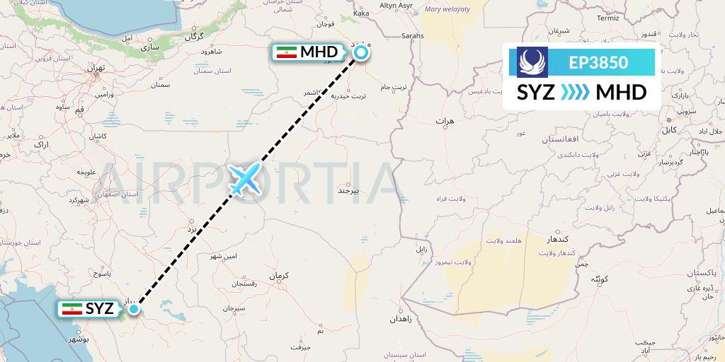 EP3850 Iran Aseman Airlines Flight Map: Shiraz to Mashhad