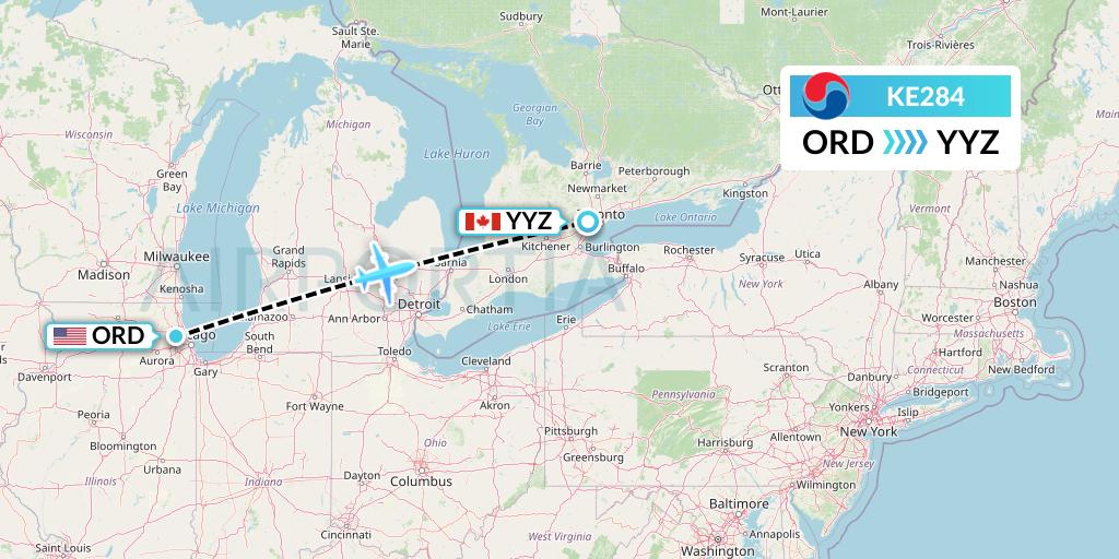 KE284 Korean Air Flight Map: Chicago to Toronto