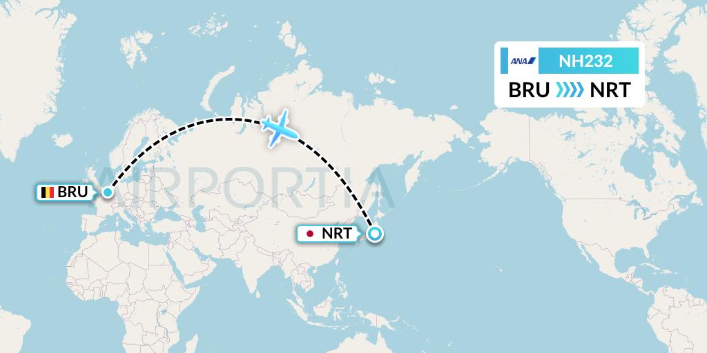NH232 All Nippon Airways Flight Map: Brussels to Tokyo