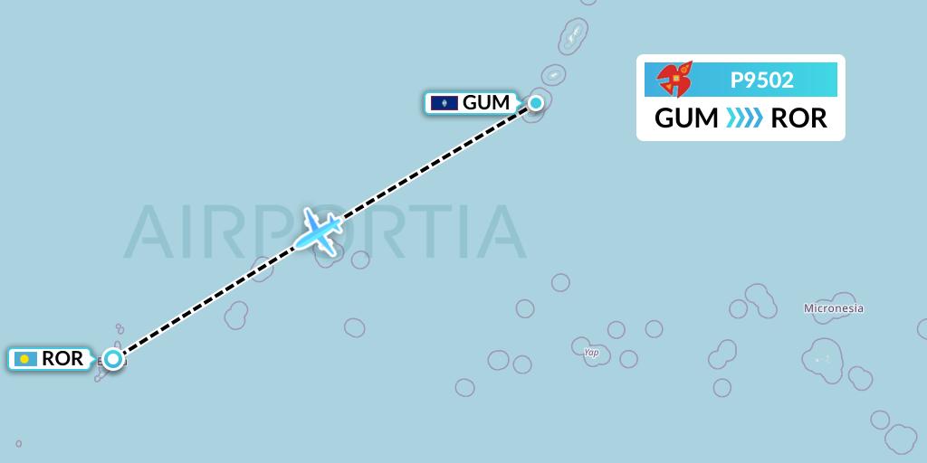 P9502 Asia Pacific Airlines Flight Map: Guam to Airai
