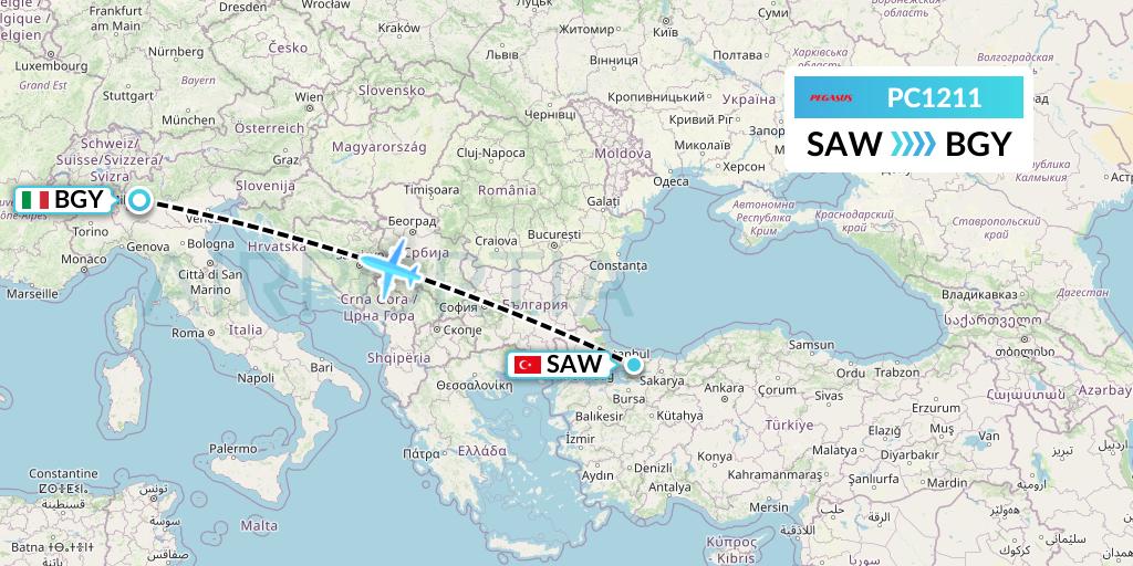 PC1211 Pegasus Airlines Flight Map: Istanbul to Milan