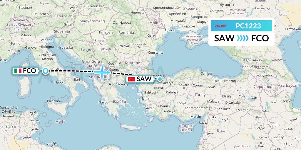 PC1223 Pegasus Airlines Flight Map: Istanbul to Rome