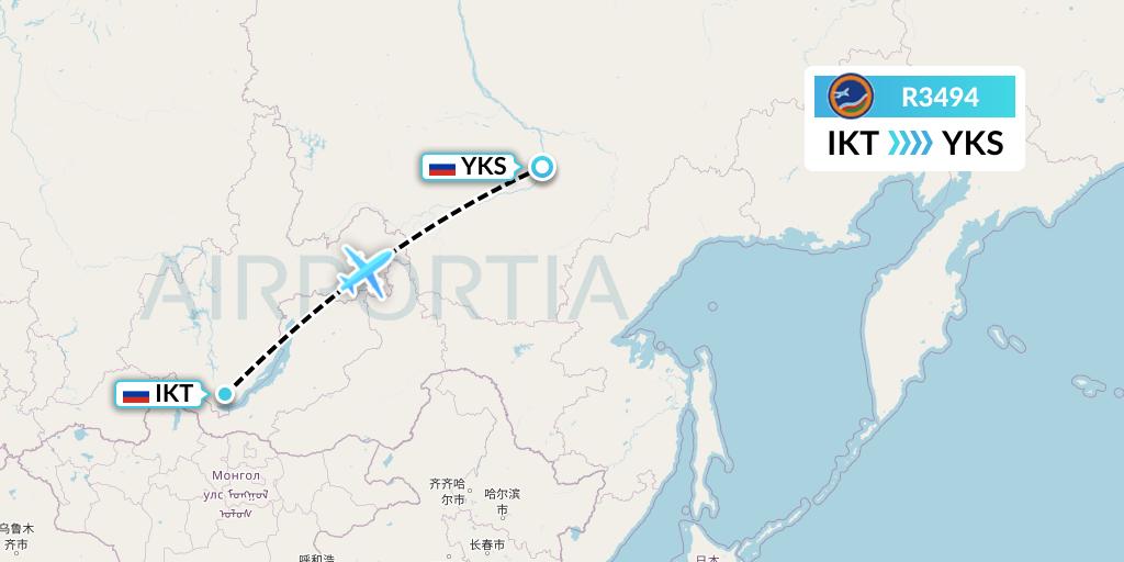 R3494 Yakutia Airlines Flight Map: Irkutsk to Yakutsk