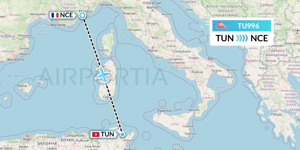 TU996 Tunisair Flight Map: Tunis to Nice